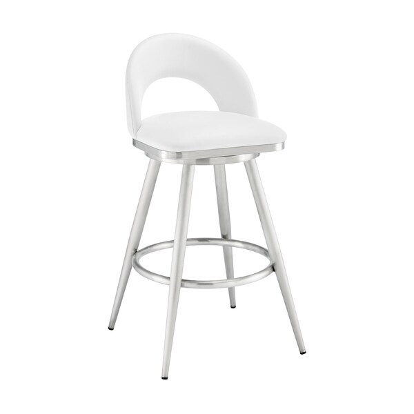 Armen Living Lottech Swivel Bar Stool in Brushed Stainless Steel with White Faux Leather 840254335424 - main